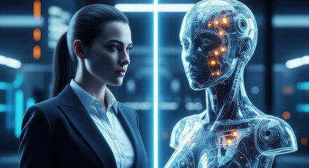 A businesswoman in a dark suit interacts with a transparent humanoid figure emitting neon light, set in a futuristic technological environment.