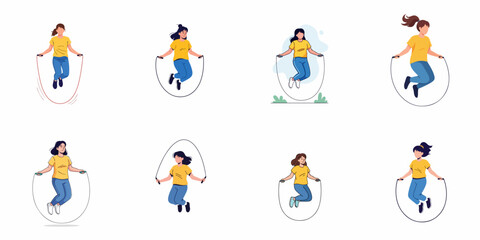 Fototapeta premium Set of Vector Illustrations: Young Women Jumping Rope. Diverse female characters performing cardio workout and fitness training on a white background.