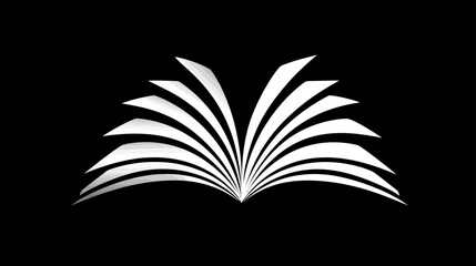 Stylized open book symbol with fanned white pages against a black background, representing knowledge, education, learning, and literature.