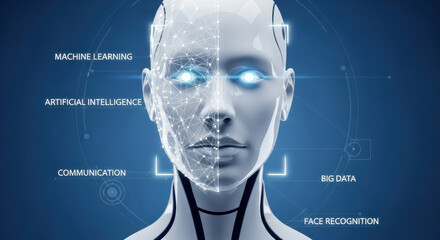 A white robotic face appears against a blue backdrop, showcasing artificial intelligence technology with a digital network for data processing.