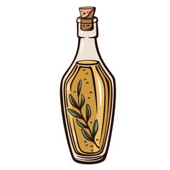 Tall glass oil bottle with cork stopper and olive branch inside, classic kitchen container in vintage engraving style, detailed culinary element, monochrome line art, vector illustration.