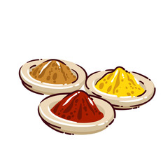 Moroccan spices on small plates. Colorful ground seasonings, traditional market food ingredients, North African cuisine symbol. Doodle style, vector illustration.