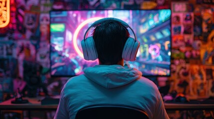 Obraz premium pro gamer man in headphones live streaming while playing online computer game, neon lights, esports, gaming, monitor, play, young, player, internet, enjoyment, cyber,