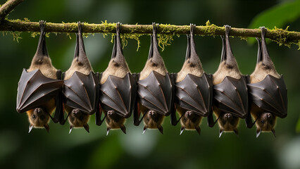 A group of bats hanging upside down on a mossy branch in a tropical forest, showing natural patterns and wildlife behavior.