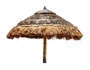 Large, open straw sunshade with bamboo pole against a black background