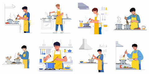 Flat vector set of young male chefs cooking pasta and noodles in a modern kitchen, stirring and preparing food in pots on the stove.