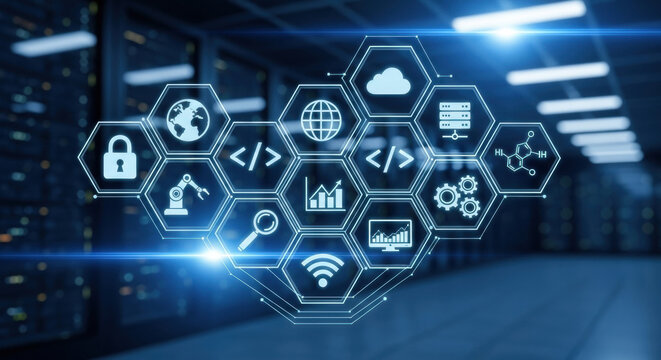 A futuristic data center interior featuring hexagonal digital icons overlay, the image captures the essence of modern technology and data processing within a blue-toned server room. - Powered by Adobe