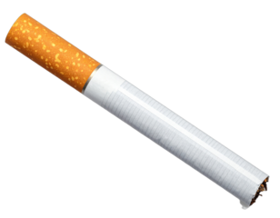 Isolated angled cigarette with filter, paper, and burnt end, against black background