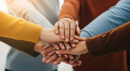 A diverse team stacks their hands together, bathed in warm light, symbolizing collaboration and unity in a collaborative workspace. It represents teamwork and partnership.