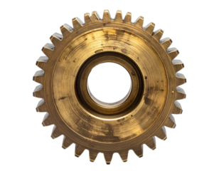 Close-up of a brass gear with many teeth, viewed from directly above, isolated on black