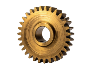 A close-up view of a metal gear, intricately designed with teeth, resting on a black background