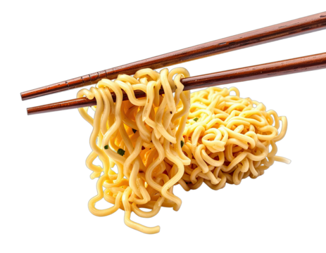 Close-up of cooked noodles being lifted by wooden chopsticks, with a pile of noodles beside - Powered by Adobe