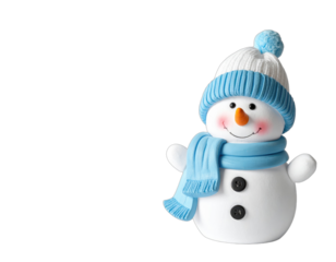 A smiling snowman figure, wearing a blue scarf and hat, stands against a black backdrop