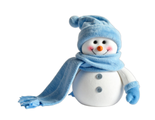 Adorable snowman with a blue hat, scarf, gloves, orange nose, and buttons on its torso