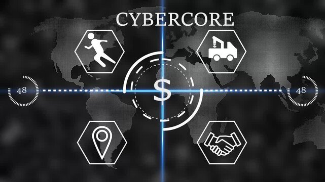 cybercore Futuristic global business finance HUD interface with dollar sign in center, world map background and line icons for logistics, partnership, location and activity. Digital economy,