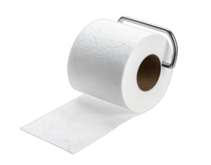 A roll of white toilet paper on a chrome holder, with some paper unrolled