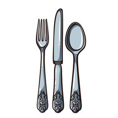 Fork, knife and spoon set with ornate handles, classic table cutlery in vintage engraving style, detailed metal utensils with decorative pattern. vector illustration