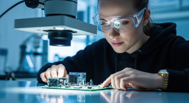 A focused young woman in safety goggles carefully inspects a circuit board under a microscope in a clean lab, showcasing expertise in electronics and engineering.
