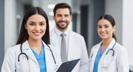 Fototapeta premium Three smiling doctors in white coats with stethoscopes in a hospital hallway, showcasing a medical team and healthcare collaboration with a focus on health and wellness.