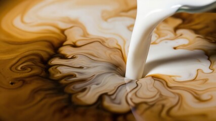 Close-Up of Milk Pouring into Coffee Creating Abstract Swirls and Patterns
