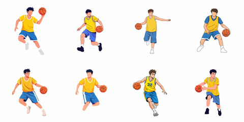Fototapeta premium Set of eight vector illustrations showing young male basketball players in different action poses like dribbling, jumping, and running, isolated on white background.