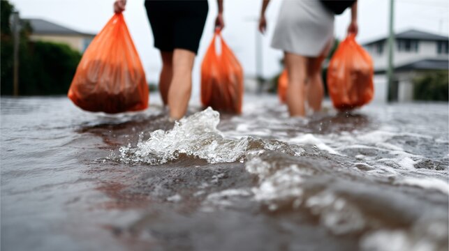 urban flood catastrophe, residents carrying bags escaping homes, rapid waters engulfing streets, news documentary perspective