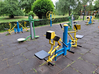 Exercise equipments on outdoor sport ground for physical activity without people