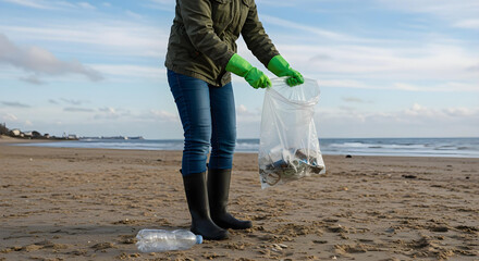 A person collects the trash on beach in sunny day, cleaning up trash on the beach 