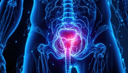 Human pelvis and lower spine anatomy illuminated with bright blue neural pathways and focal internal discomfort