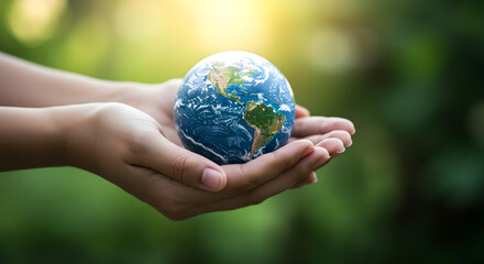 A globe delicately cradled in open hands, representing environmental care and global responsibility. The globe symbolizes Earth's delicate balance and fragility.