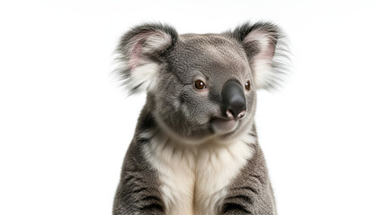 Fototapeta premium A koala sitting and facing the camera on a white background, a cute and iconic Australian wildlife studio portrait.