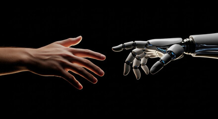 A human hand extends towards a robotic arm against a stark black background, symbolizing connection and future technology with themes of innovation.