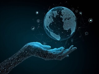 A Digital Hand Holding a Glowing Globe of Connected Networks Representing Global Communication and Technology Innovations