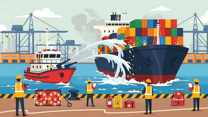 Maritime Logistics and Safety A Busy Port with Cargo Ships and Firefighting Efforts