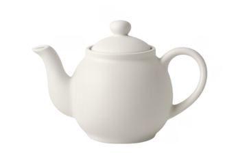 White ceramic teapot displaying classic design with handle and spout