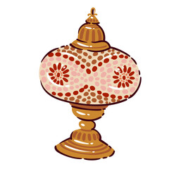 Moroccan mosaic table lamp with decorative glass body, traditional geometric ornaments and oriental patterns. Сultural decor element, travel to Morocco theme, cartoon doodle style, vector illustration