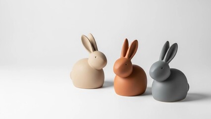Three small ceramic bunnies in neutral tones facing the same direction on a bright white background.