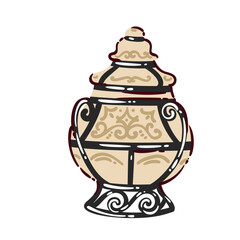 Traditional Moroccan ceramic jar with ornamental patterns and carved details. North African pottery, cultural decor element, travel to Morocco theme, cartoon doodle style, isolated vector illustration