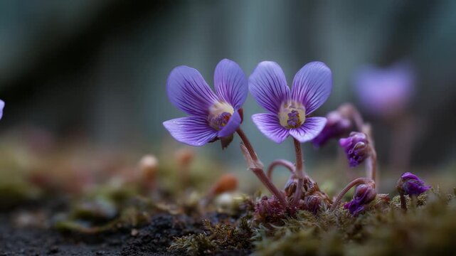 苔むす地表に紫の小花が寄り咲く接写、森の小さな春