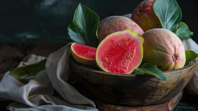 The displays a wooden bowl filled with fresh pomegranate arils, surrounded by whole pomegranates and leaves on a rustic surface, creating an appealing culinary scene.
