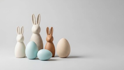 Minimalist Easter composition featuring three ceramic rabbits and blue and beige eggs on a grey background with copy space.
