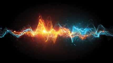 Abstract Digital Waveform Illustration With Orange And Blue Particles On Black Background
