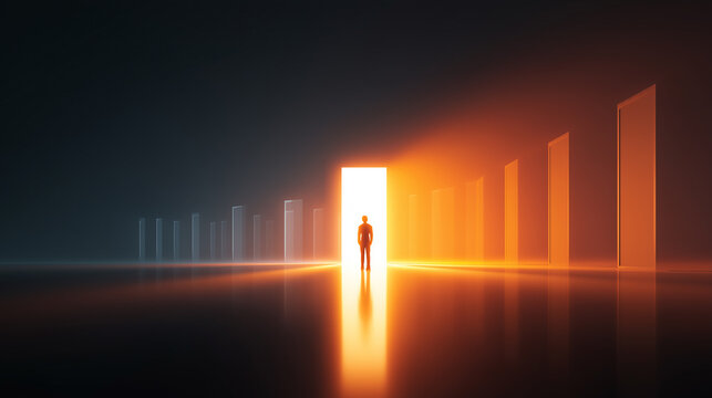 Personal Growth and Career Opportunity Concept: Silhouette Facing Multiple Bright Glowing Paths