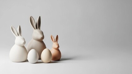 Group of stylized ceramic bunnies and eggs in neutral earth tones and white, arranged on a grey surface.