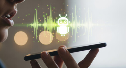 Close up on a person dictating voice commands to a smartphone, overlaid with a glowing robot icon and green soundwave, set against a backdrop of soft bokeh lights.