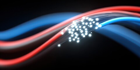 Abstract Optical Fiber Network Technology with Red and Blue Wires on Black Background Illustrating Data Communication and Connectivity