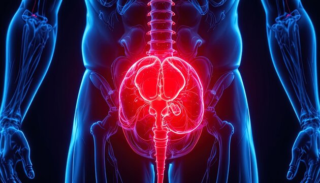 Digital rendering illustrates painful inflammation in the human lower back and pelvic region