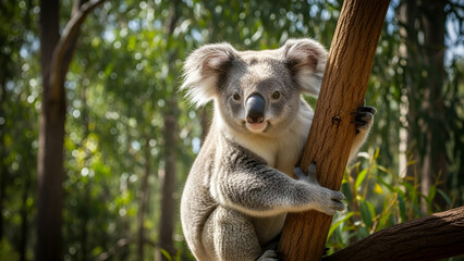 Fototapeta premium A koala hugging a tree trunk in an Australian eucalyptus forest, a natural, cute, and iconic wildlife portrait.