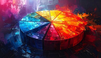 A vibrant, colorful pie chart splattered with paint, illustrating various data segments. The image uses a full spectrum of hues
