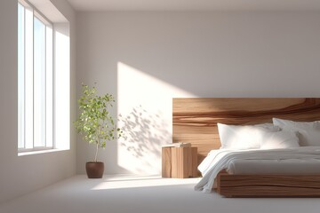 Sunlit Bedroom Interior with Wooden Bedframe and Potted Plant Near Window in Modern Minimalist Style and White Background for Interior Decor